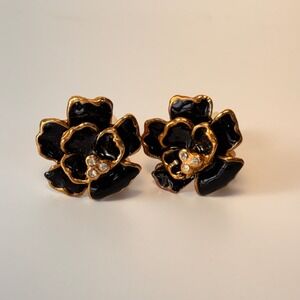 1980s Vintage Flower Clip On Earrings Black Gold Enamel Statement Rose Deco
